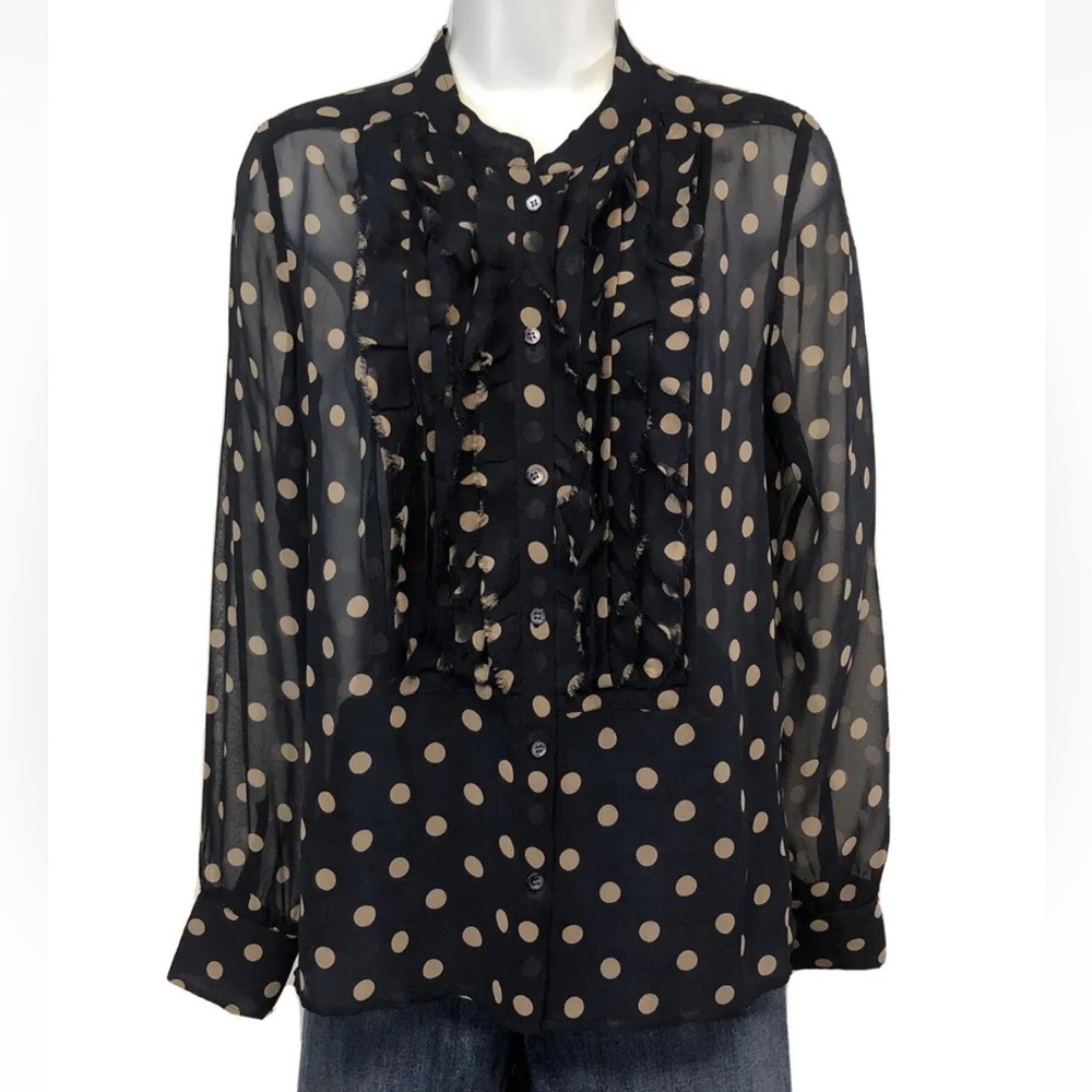 Women’s J. Crew Navy Silk Polka Dot Ruffle Sheer Blouse Size 4